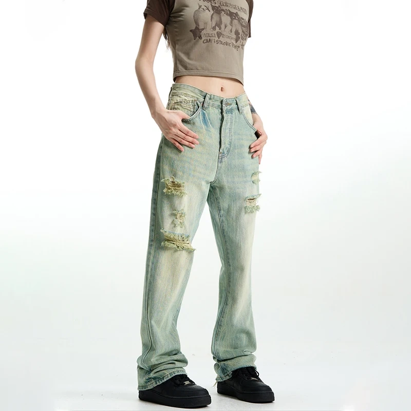 HEZ Manufacturer Denim Wholesale Price Women Loose Straight Denim Fit Jeans Distressed Vintage Washed Relaxed Fit Jeans