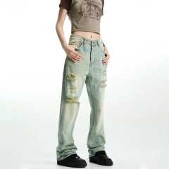 HEZ Manufacturer Denim Wholesale Price Women Loose Straight Denim Fit Jeans Distressed Vintage Washed Relaxed Fit Jeans