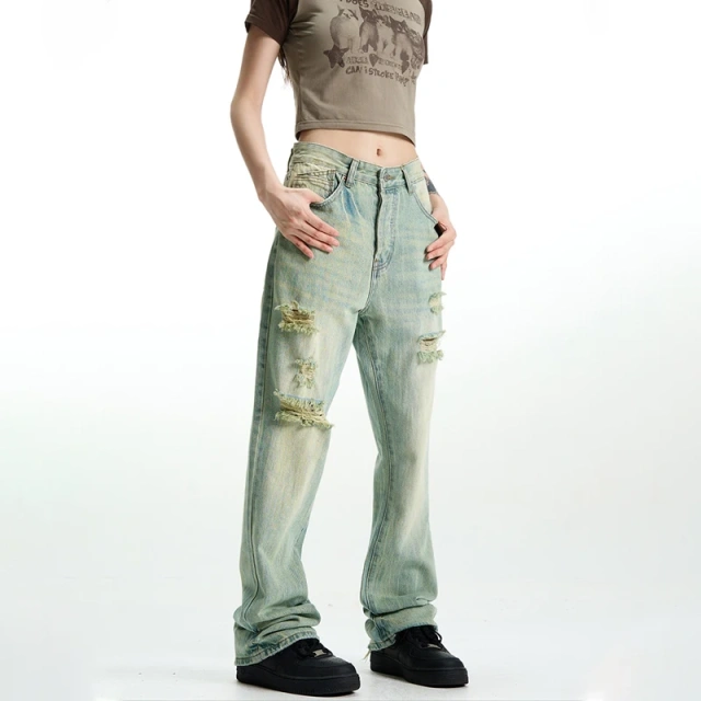 HEZ Manufacturer Denim Wholesale Price Women Loose Straight Denim Fit Jeans Distressed Vintage Washed Relaxed Fit Jeans