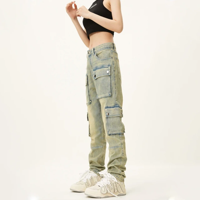 HEZ Multi-pocket Casual Regular Fit Vintage Washed Women Cargo Trousers Jeans High Street Straight Leg for Ladies