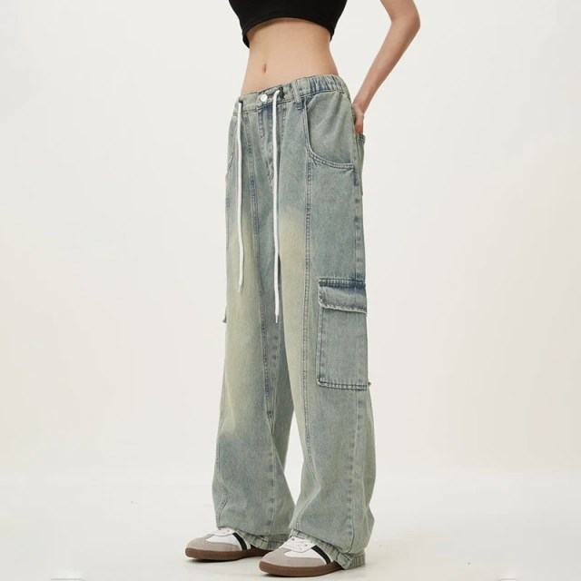 HEZ Denim Manufactures Pantalones Mujer Cargo Straight Women Wide Leg Jeans Denim Pants Joggers Joggers Pants for Ladies
