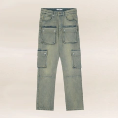 HEZ Multi-pocket Casual Regular Fit Vintage Washed Women Cargo Trousers Jeans High Street Straight Leg for Ladies