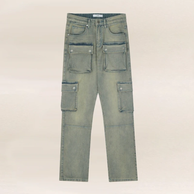 HEZ Multi-pocket Casual Regular Fit Vintage Washed Women Cargo Trousers Jeans High Street Straight Leg for Ladies