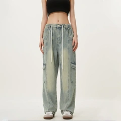 HEZ Denim Manufactures Pantalones Mujer Cargo Straight Women Wide Leg Jeans Denim Pants Joggers Joggers Pants for Ladies
