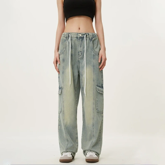HEZ Denim Manufactures Pantalones Mujer Cargo Straight Women Wide Leg Jeans Denim Pants Joggers Joggers Pants for Ladies