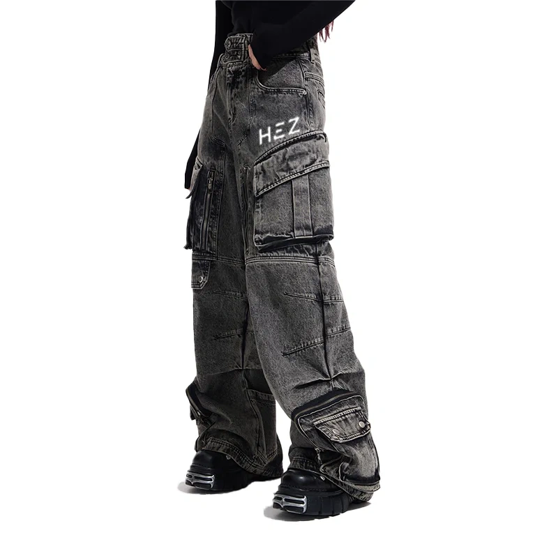 HEZ Custom factory OEM&ODM multiple pocket loose baggy denim pants men's double waistband cargo faded washed jeans for men