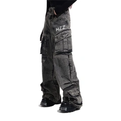 HEZ Custom factory OEM&ODM multiple pocket loose baggy denim pants men's double waistband cargo faded washed jeans for men