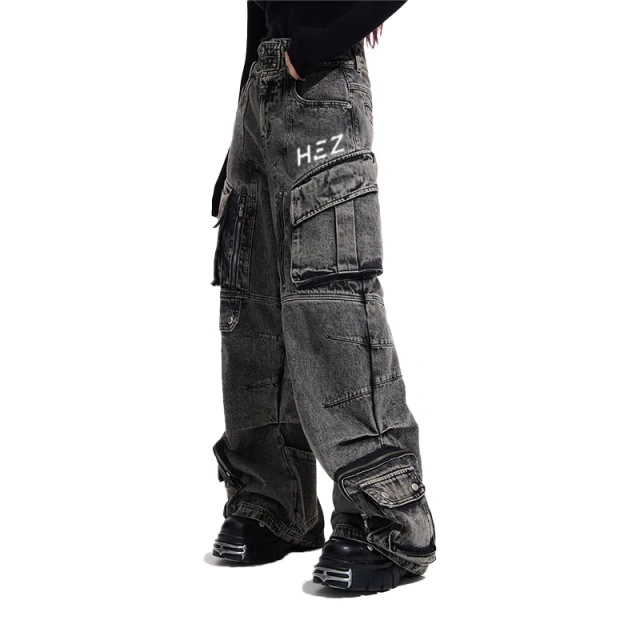 HEZ Custom factory OEM&ODM multiple pocket loose baggy denim pants men's double waistband cargo faded washed jeans for men
