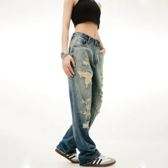 HEZ Custom Vintage Washed Girls Jeans Distressed Destroyed Holes Hip Hop Style Straight Fit Jeans Women Jeans Pants