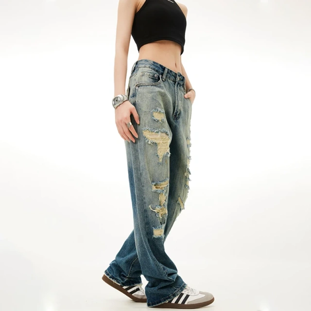HEZ Custom Vintage Washed Girls Jeans Distressed Destroyed Holes Hip Hop Style Straight Fit Jeans Women Jeans Pants