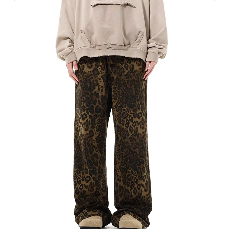 HEZ Fashion 2024 Vintage Leopard Print Leisure Mop Trousers Jeans Custom logo Loose Baggy Jeans for Women