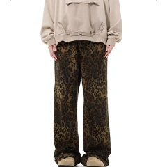 HEZ Fashion 2024 Vintage Leopard Print Leisure Mop Trousers Jeans Custom logo Loose Baggy Jeans for Women