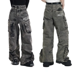 HEZ Custom factory OEM&ODM multiple pocket loose baggy denim pants men's double waistband cargo faded washed jeans for men
