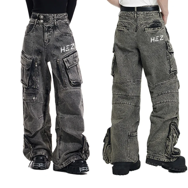 HEZ Custom factory OEM&ODM multiple pocket loose baggy denim pants men's double waistband cargo faded washed jeans for men