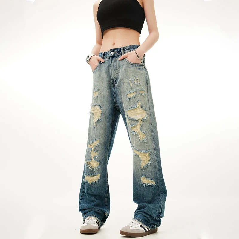 HEZ Custom Vintage Washed Girls Jeans Distressed Destroyed Holes Hip Hop Style Straight Fit Jeans Women Jeans Pants