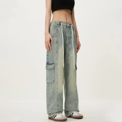 HEZ Denim Manufactures Pantalones Mujer Cargo Straight Women Wide Leg Jeans Denim Pants Joggers Joggers Pants for Ladies