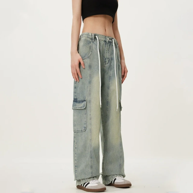 HEZ Denim Manufactures Pantalones Mujer Cargo Straight Women Wide Leg Jeans Denim Pants Joggers Joggers Pants for Ladies