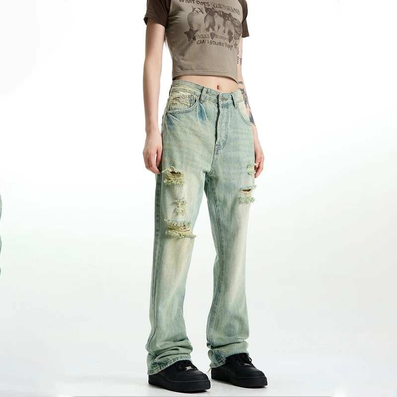 HEZ Manufacturer Denim Wholesale Price Women Loose Straight Denim Fit Jeans Distressed Vintage Washed Relaxed Fit Jeans