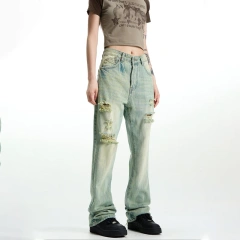 HEZ Manufacturer Denim Wholesale Price Women Loose Straight Denim Fit Jeans Distressed Vintage Washed Relaxed Fit Jeans