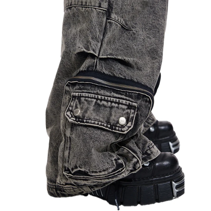 HEZ Custom factory OEM&ODM multiple pocket loose baggy denim pants men's double waistband cargo faded washed jeans for men