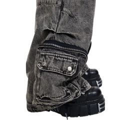 HEZ Custom factory OEM&ODM multiple pocket loose baggy denim pants men's double waistband cargo faded washed jeans for men