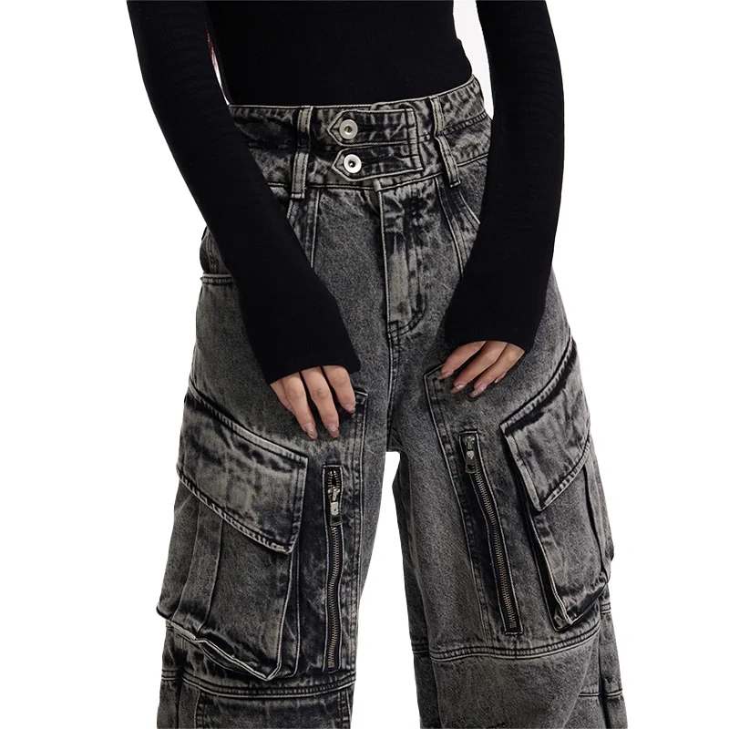 HEZ Custom factory OEM&ODM multiple pocket loose baggy denim pants men's double waistband cargo faded washed jeans for men