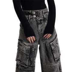 HEZ Custom factory OEM&ODM multiple pocket loose baggy denim pants men's double waistband cargo faded washed jeans for men