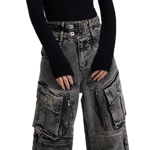 HEZ Custom factory OEM&ODM multiple pocket loose baggy denim pants men's double waistband cargo faded washed jeans for men