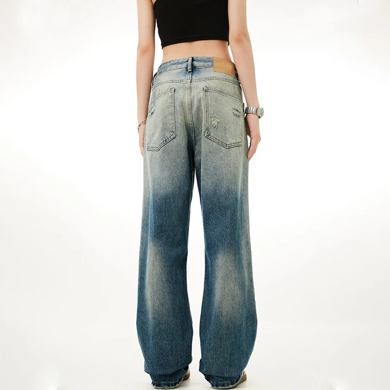 HEZ Custom Vintage Washed Girls Jeans Distressed Destroyed Holes Hip Hop Style Straight Fit Jeans Women Jeans Pants