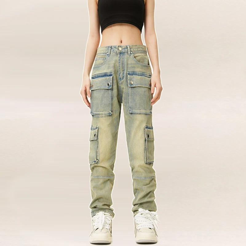 HEZ Multi-pocket Casual Regular Fit Vintage Washed Women Cargo Trousers Jeans High Street Straight Leg for Ladies