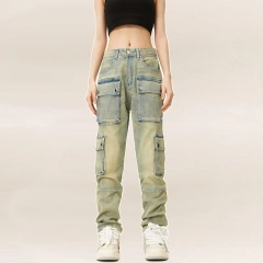 HEZ Multi-pocket Casual Regular Fit Vintage Washed Women Cargo Trousers Jeans High Street Straight Leg for Ladies