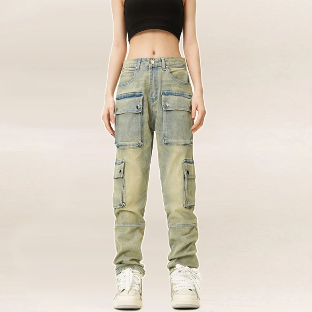 HEZ Multi-pocket Casual Regular Fit Vintage Washed Women Cargo Trousers Jeans High Street Straight Leg for Ladies