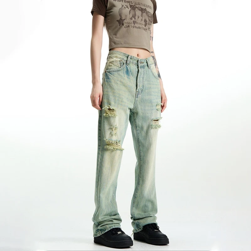 HEZ Manufacturer Denim Wholesale Price Women Loose Straight Denim Fit Jeans Distressed Vintage Washed Relaxed Fit Jeans