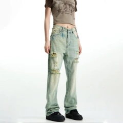HEZ Manufacturer Denim Wholesale Price Women Loose Straight Denim Fit Jeans Distressed Vintage Washed Relaxed Fit Jeans