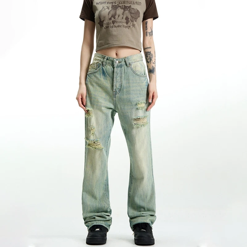 HEZ Manufacturer Denim Wholesale Price Women Loose Straight Denim Fit Jeans Distressed Vintage Washed Relaxed Fit Jeans