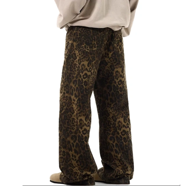 HEZ Fashion 2024 Vintage Leopard Print Leisure Mop Trousers Jeans Custom logo Loose Baggy Jeans for Women