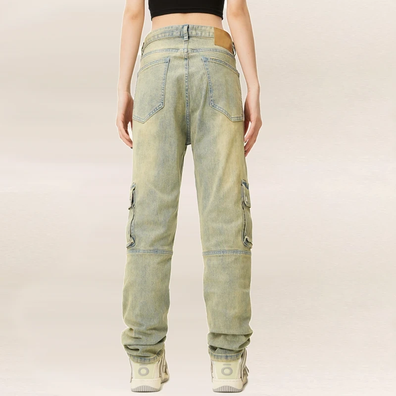 HEZ Multi-pocket Casual Regular Fit Vintage Washed Women Cargo Trousers Jeans High Street Straight Leg for Ladies