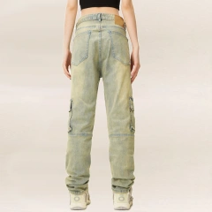HEZ Multi-pocket Casual Regular Fit Vintage Washed Women Cargo Trousers Jeans High Street Straight Leg for Ladies