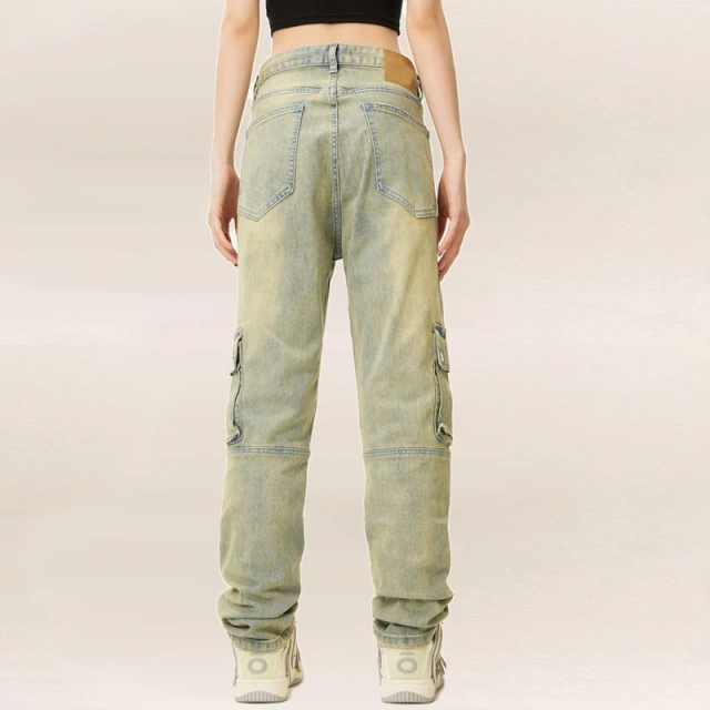 HEZ Multi-pocket Casual Regular Fit Vintage Washed Women Cargo Trousers Jeans High Street Straight Leg for Ladies