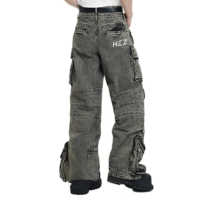 HEZ Custom factory OEM&ODM multiple pocket loose baggy denim pants men's double waistband cargo faded washed jeans for men