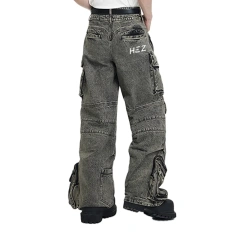 HEZ Custom factory OEM&ODM multiple pocket loose baggy denim pants men's double waistband cargo faded washed jeans for men