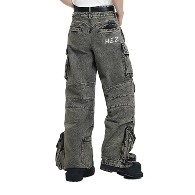 HEZ Custom factory OEM&ODM multiple pocket loose baggy denim pants men's double waistband cargo faded washed jeans for men