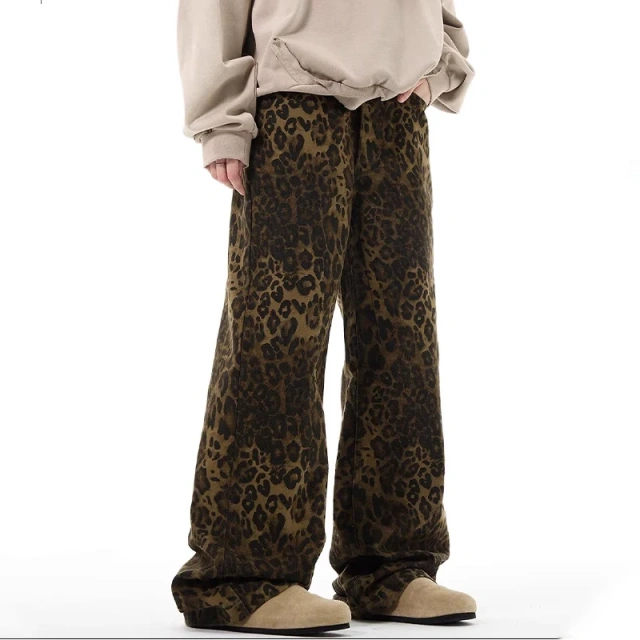 HEZ Fashion 2024 Vintage Leopard Print Leisure Mop Trousers Jeans Custom logo Loose Baggy Jeans for Women