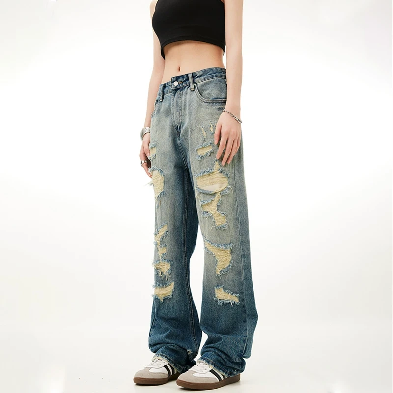 HEZ Custom Vintage Washed Girls Jeans Distressed Destroyed Holes Hip Hop Style Straight Fit Jeans Women Jeans Pants
