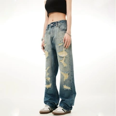 HEZ Custom Vintage Washed Girls Jeans Distressed Destroyed Holes Hip Hop Style Straight Fit Jeans Women Jeans Pants
