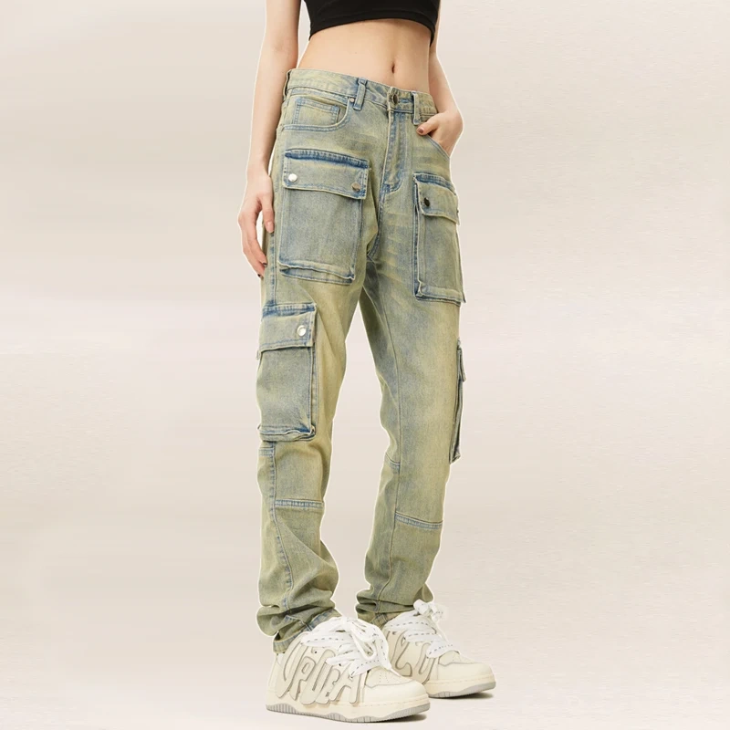 HEZ Multi-pocket Casual Regular Fit Vintage Washed Women Cargo Trousers Jeans High Street Straight Leg for Ladies