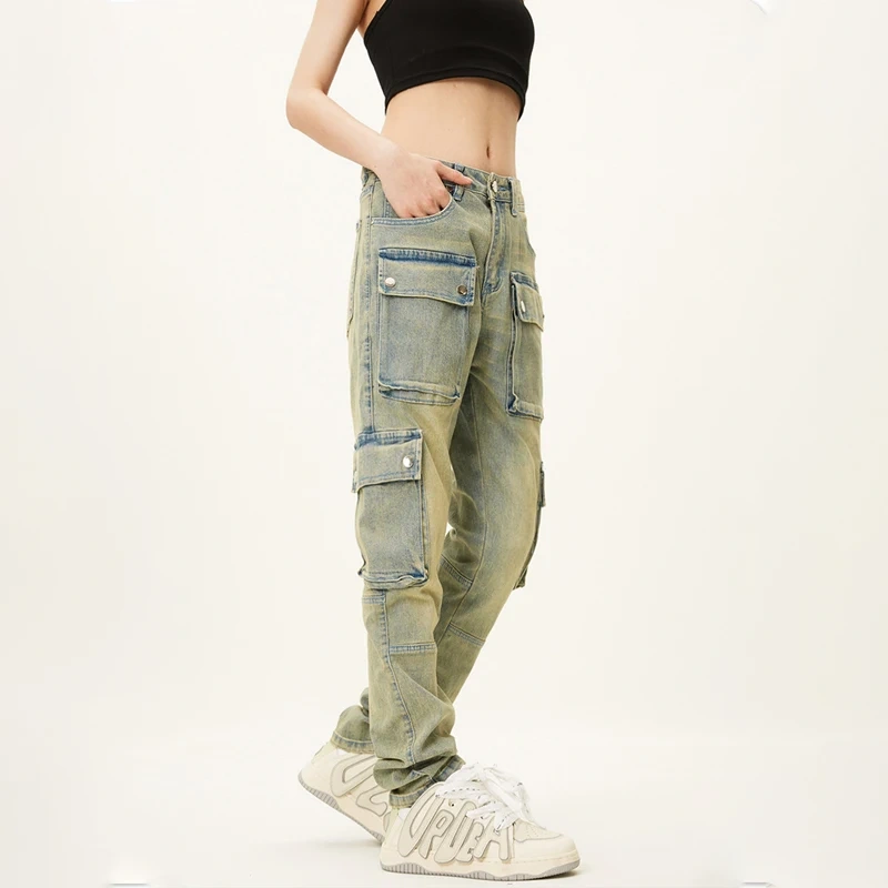 HEZ Multi-pocket Casual Regular Fit Vintage Washed Women Cargo Trousers Jeans High Street Straight Leg for Ladies