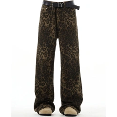 HEZ Fashion 2024 Vintage Leopard Print Leisure Mop Trousers Jeans Custom logo Loose Baggy Jeans for Women