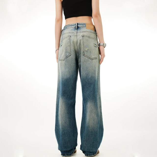 HEZ Custom Vintage Washed Girls Jeans Distressed Destroyed Holes Hip Hop Style Straight Fit Jeans Women Jeans Pants