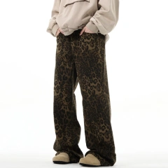 HEZ Fashion 2024 Vintage Leopard Print Leisure Mop Trousers Jeans Custom logo Loose Baggy Jeans for Women